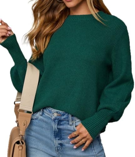 Lacozy Casual Fall Tops for Women Long Sleeve Solid Lantern Sleeve Sweater Crew Neck Loose Work Jumper Tops Green 2XL