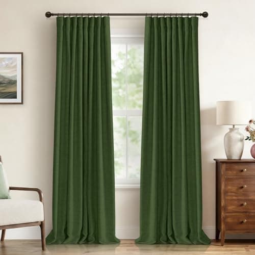 100% Blackout Shield Full Blackout Curtains for Bedroom 63 inch Length 2 Panels Set, Clip Rings/Rod Pocket Faux Linen Black Out Curtains for Living Room, Thermal Insulated, 50Wx63L, Moss Green