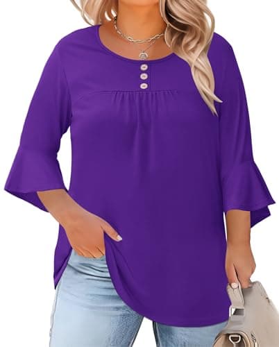 Rapbin Plus Size Womens Summer Tops 3/4 Sleeve Crew Neck Tunic Spring Button Lightweight Work Blouses 2026 (Purple, 3XL)