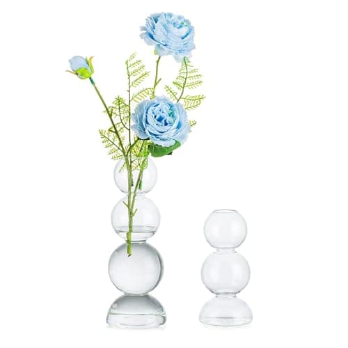 Glasseam Unique Flower Vase Set of 2, Cute Small Glass Vases for Flowers, Modern Clear Vases for Decor, Aesthetic Single Bud Vase, Round Decorative Bubble Ball Vase for Dining Table Decorations