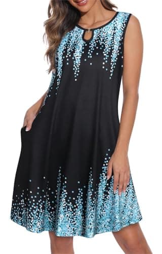 Summer Dresses for Women Casual Sleeveless Sundress Floral Loose Fit Beach Cover Up with Pocket(Black Blue Point, S