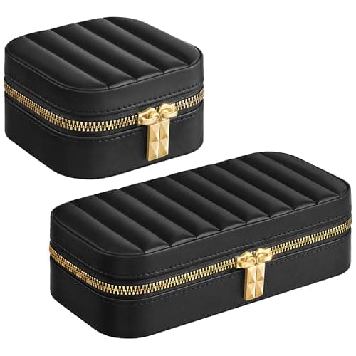 SONGMICS HOME ANAH Collection - Travel Jewelry Box Bundle, Small Jewelry Case Organizer with Mirror, PU Surface with Stitching, Portable, Zippers, Gift Idea, Ink Black UJBC180B01 and UJBC179B01