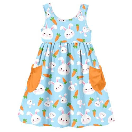 Vieille 3t Girls Bunny Dress Cute Blue Easter Outfit for Kids 4t Casual Summer Sleeveless Sundress with Pocket Size 3-4 Years