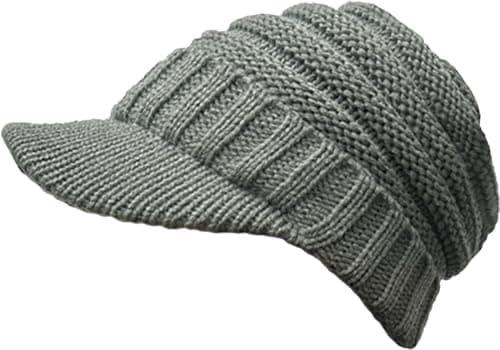 XYIYI Grey Women Winter Warm Knit Hat Ribbed Slouchy Beanie Cap with Visor Brim