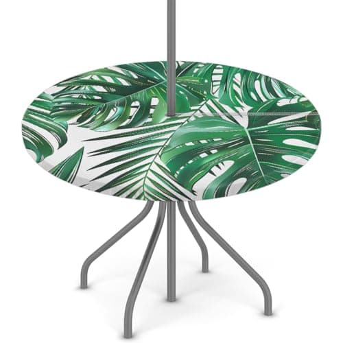 Peaom Green Monstera Palm Leaves Outdoor Tablecloth with Umbrella Hole, Round Elastic Fitted Table Cloth with Zipper, Waterproof Picnic Patio Table Covers Fits 36-44 in Tables