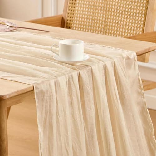 Aeviusmo 3 Pack Beige Spring Table Runner Boho Cheesecloth Table Runners Bulk 10 ft Crinkled Gauze Sheer Mother's Day Table Centerpieces for Wedding Ceremony Anniversary Bridal Baby Shower Banquet