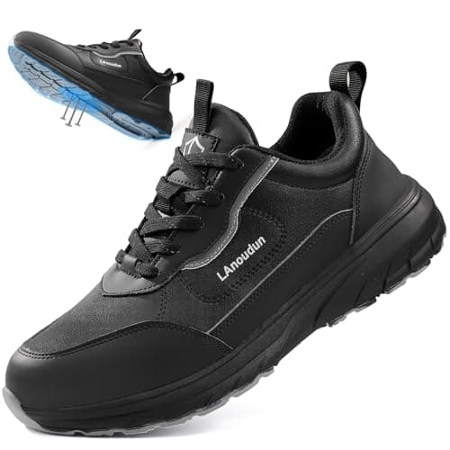 KGJIANDA Steel Toe Shoes for Men, Lightweight Safety Work Shoes, Breathable Puncture-Resistant Work Shoes for Warehouse, Factory and Light Construction, Black