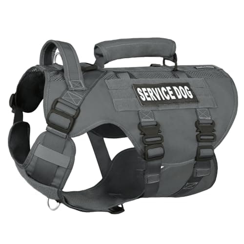 DNALLRINO Service Dog Vest for Large Dogs, Grey Tactical Harness with Military MOLLE, Breathable Mesh & 39g Metal Buckle - Size XL for Training & Hiking