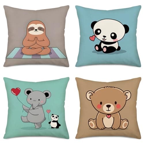 Fukeen Children Cartoon Decorative Throw Pillow Covers Set of 4 Cute Animals Sloth Bear Elephant Panda with Pink Sweet Heart Pillow Cases Cotton Linen 18x18 Inch Cushion Cover for Kids Room Sofa Couch
