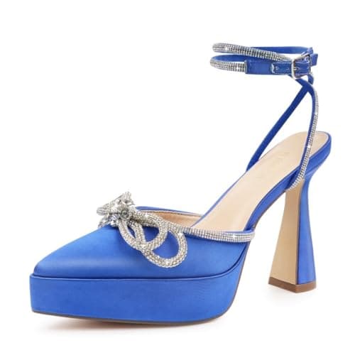 JENN ARDOR Women's Platform Heels Ankle Strap Pumps High Heeled Pointed Toe Stiletto High Heel Sandals Rhinestones Bow Knot Party Prom Dress Pumps Shoes for Women Royal Blue