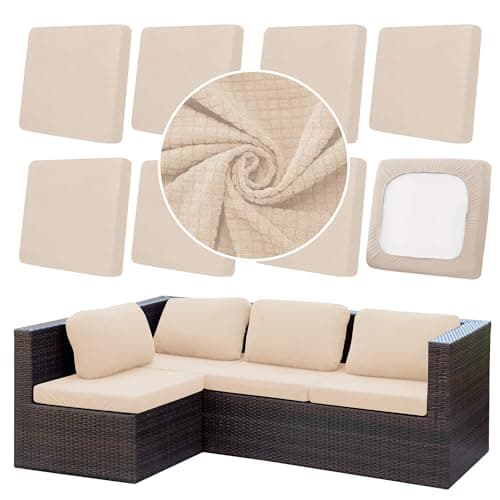 DREAHOTEXTIL 8Pcs Outdoor Cushion Covers, Patio Cushion Covers,Stretch Elastic Slipcovers, Replacement Washable & Reusable Furniture Protector for Patio Couch,Thick Jacquard Fabric(Beige, Cover Only)