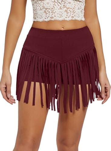 Womens Western Cowgirl Fringe Shorts - Country Concert Outfits Sexy Booty Pole Dance Rave Festival Tassel Bottoms(Wine,S,1116a)