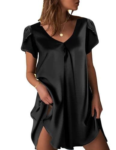 Ekouaer Women's Satin Nightgown Short Sleeve Sleepdress V-Neck Sleepwear Loose Silk Sleepshirt(Black,4XL)