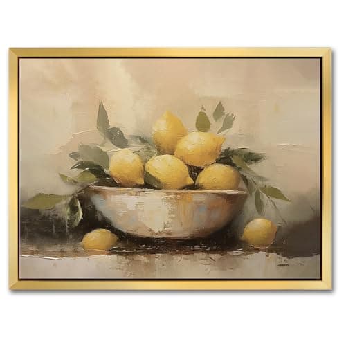 AIMAILON Vintage Gold Canvas Wall Art Framed Decor Classical Print Home Decoration for Kitchen Living Room Expressive Brushstrokes Yellow Lemon Lemon with Leaves Still Life Picture 12x16