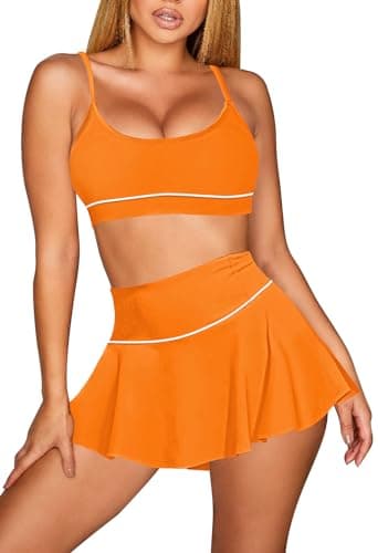 Pink Queen Women's Sexy 2 Piece Bikini Set Trendy Tummy Control High Waisted Flounce Swimming Shorts Skort Swimsuit Bathing Suit Tankini Orange XL