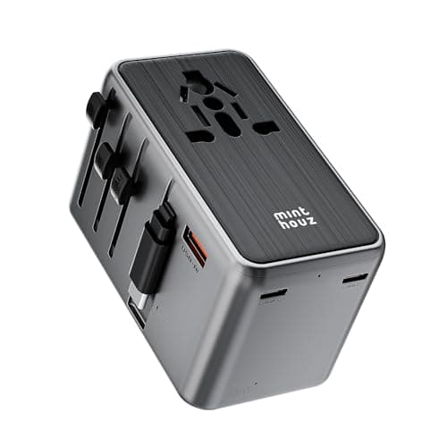 Minthouz Universal Travel Adapter, International 100W Power Adapter GaN Fast Charger with 2 USB-C PD, 1 USB-C Cable &A Ports, All-in-One Portable AC Power Plug Adapter for USA EU UK AUS