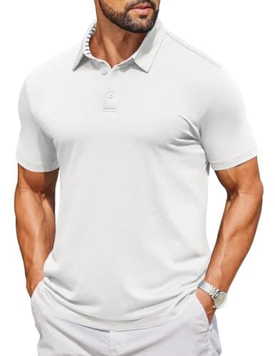 COOFANDY Mens Short Sleeve Polo Shirts Casual Summer Collared 3 Button Polo Shirt Classic Golf Tees White
