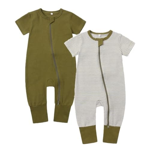 Feidoog Toddler 2 Pack Baby Zipper Rompers Cotton Short Sleeve 2 Way Zipper One Piece Jumpsuit Outfits,Dark Green,3-6M
