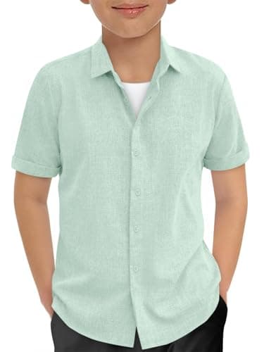 Haloumoning Boys Short Sleeve Dress Shirts Kids Summer Beach Button Down Shirt 5-14 Years Light Green