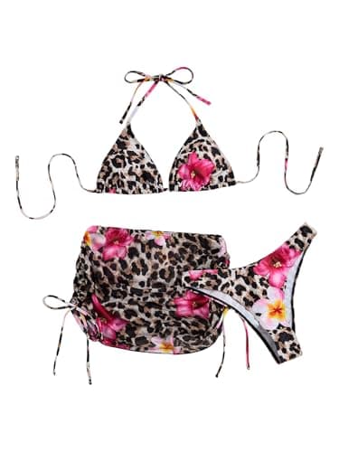 COZYEASE Women's 4 Piece Polka Dots Swimsuits Triangle Bikini Sets Bathing Suit Cover Up Skirt & Bandana Leopard M