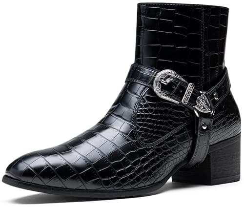 Jousen Cowboy Boots for Men Crocodile Embossed Men's Western Boot with Belt Buckle Side Zipper Stylish Retro Short (AMY8310-Black-11)