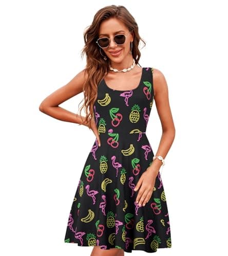 uideazone Women Neon Cherry Print Sleeveless A Line Casual Midi Dress