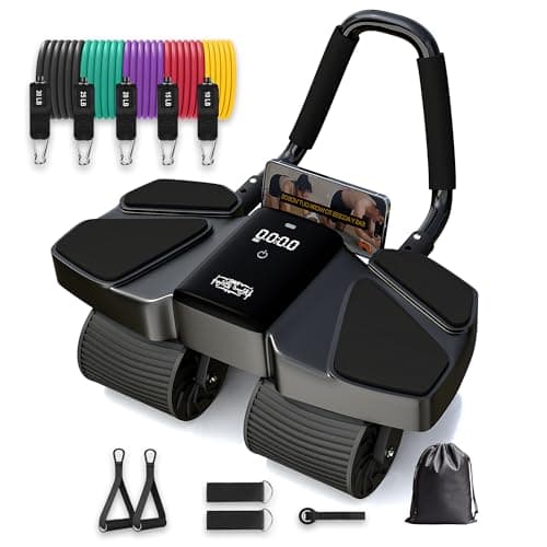 Ab Roller Home Gym Equipment – 4 Wheels Ab Wheel Muscle Roller, 5Pcs Resistance Bands, Ankle Straps, Door Anchor, Handles, Travel Bag– Comfortable Elbow Support with Non-Slip Handles