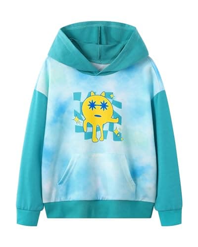 Latnnut Girls Pullover Hoodies Patchwork Graphic Printed Hooded Sweatshirt with Pocket Blue Size 11-12