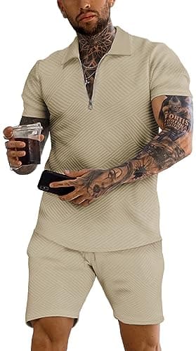 URRU Men's Polo Shirt and Shorts Set Summer Outfits Fashion Casual Short Sleeve Polo Suit for Men 2 Piece Short Set Light Coffee M