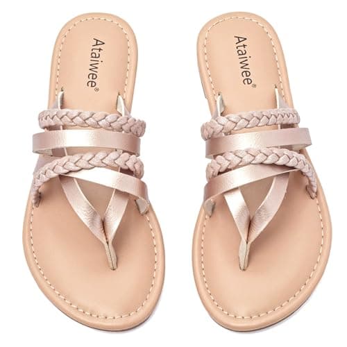 Ataiwee Women's Casual Flat Slide Sandals - Dressy Comfortable Criss Cross Strappy Summer Sandals,Open Toe Multi Strap Beach Flat Thong Sandals.Gold 12