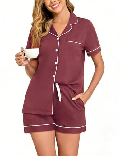 Veseacky Women's 100% Cotton Burgundy Pajamas Set Short Sleeve Button Down Collar Shorts Sleepwear with Pockets & Drawstring (Wine Red,L)