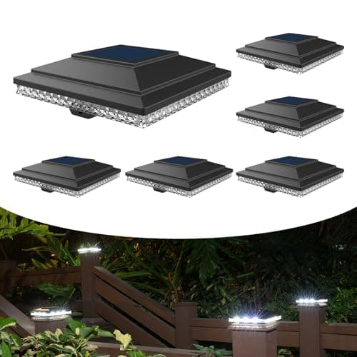 HUYIENO Solar Post Cap Lights,Outdoor Deck Fence Post Lights,Powerful Lithium Battery 20Lumens Two Light Modes Warm White/Bright White Suitable for 4x4 5x5 Wooden Posts,4x4 Viny Posts (Black, 6pk)