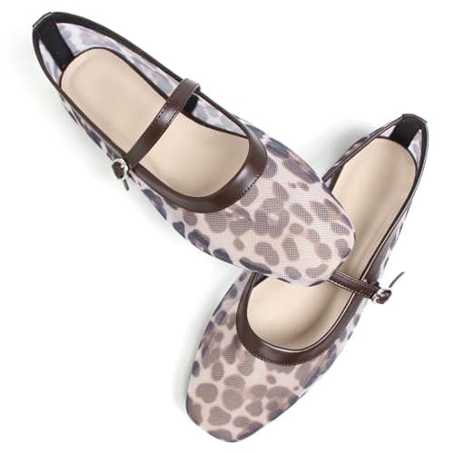 WENJIAZHIZHI Mesh MJ Flats Square Toe Buckle Strap Big Leopard Brown 7.5