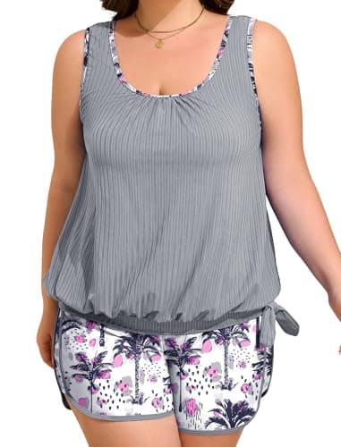 Arolina Womens Blouson Tankini Swimsuits with Shorts Two Piece Modest Bathing Suit with Pockets Bow Tie Knot Swimming Suit Swimwear Grey XL