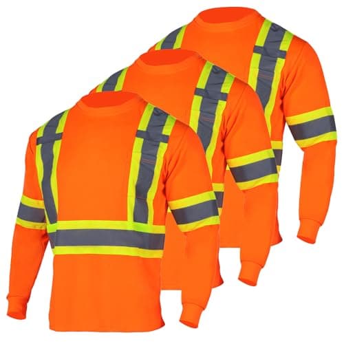 VENDACE 3 Packs Hi Vis Long Sleeve Shirts for Men Class 2 Reflective High Visibility Construction Work Shirt(Orange,L)