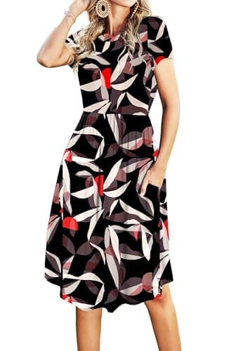 Simier Fariry Women Summer Short Sleeve Pockets Work Midi Knee Casual Dress Floral Black S