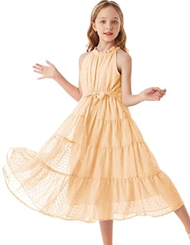 GRACE KARIN Girls Halter Neck Dress Sleeveless Casual A-line Flowy Summer Maxi Dress for 14 Years Apricot