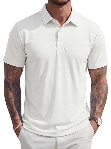 MAGCOMSEN Mens Polo Shirts Short Sleeve UPF 80+ Moisture Wicking Golf Polos Lightweight Performance Collared Shirt Men White