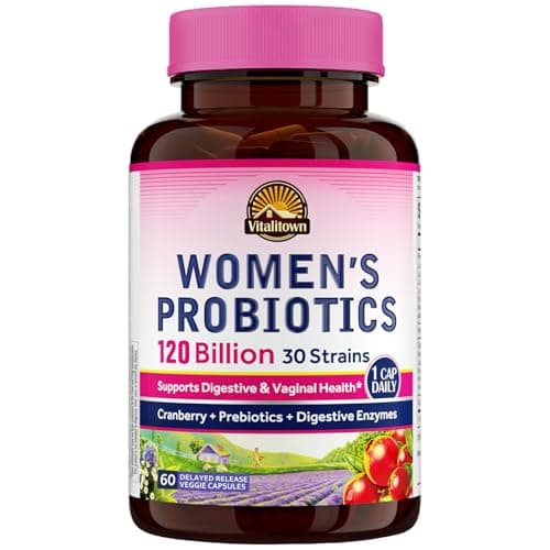 Vitalitown Probiotics for Women 120 Billion CFUs, 30 Strains, with Prebiotics & Digestive Enzymes & Cranberry, Gut & Vaginal Health, Vegan 60 (Pack of 1) Delayed Release Caps