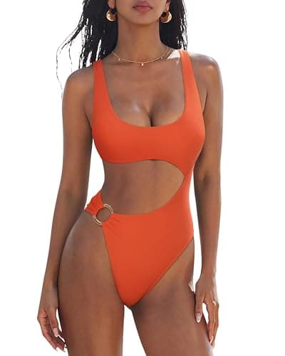 SUUKSESS Women Sexy One piece Tummy Control Swimsuit Cutout Backless Slimming Swimwear 2025 Cheeky Side O-Ring Bathing Suit (Coral,Medium)