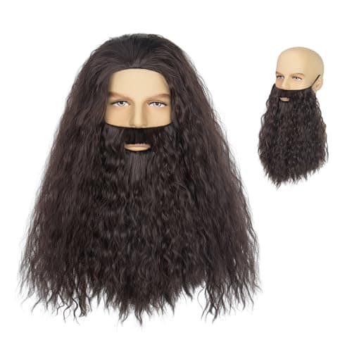 Miss U Hair Man Wizard Wig and Beard Set Long Brown Curly Men Wig for Cosplay Costume