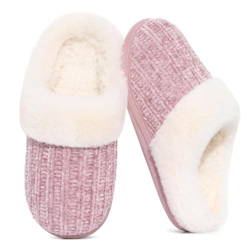 Evshine Women's Warm Chenille Knit House Slippers Comfy Memory Foam Winter Slippers with Faux Fur Collar and Indoor Outdoor Soles Pink, 40-41/8.5 (Size 8.5)