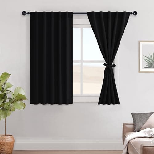 Hiasan Black Blackout Curtains for Bedroom 54 Inches Long Thermal Insulated Rod Pocket & Back Tab Drapes with Tiebacks Easy Care Noise Cancelling Blackout Window Treatment for Bedroom,Set of 2