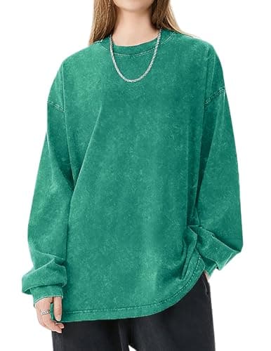 FULFIDREAM Heavy Weight Cotton Tshirts for Men Fall Long Sleeve Washed Vintage Street Unisex T-Shirts Oversized Casual Loose Basic Solid Tee Tops Green