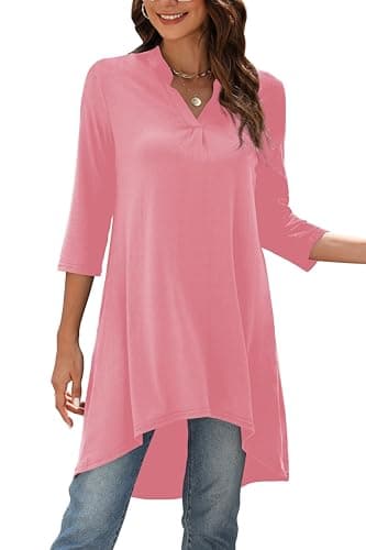 Naggoo Womens Plus Size 3/4 Sleeve Long Tunic Tops Loose Fit Casual Swing Basic T Shirt to Wear with Leggings Light Pink-L