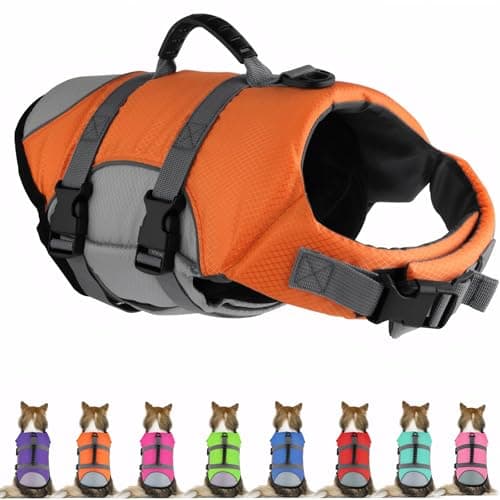 Mklhgty Dog Life Jacket, Reflective Adjustable Dog Life Vest with Rescue Handle for Swimming and Boating, Ripstop Pet Safety Life Preserver for Small, Medium and Large Dogs