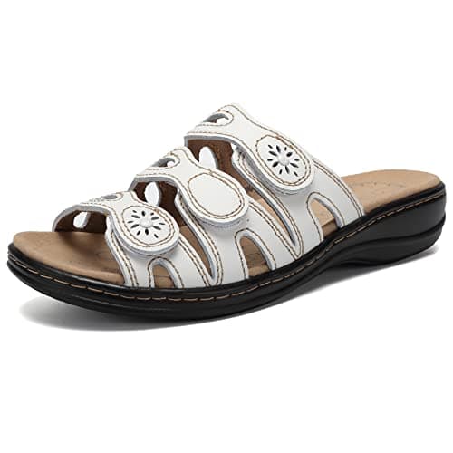Classic Leather Women Sandals with Arch Support Adjustable Hook and Loop Slip-On Outdoor Light Weight Casual Shoes (U222MMLX560S.ET-white-42)