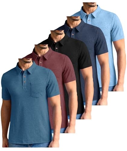 ZITY 5 Pack Mens Polo Shirts with Pocket Short Sleeve Cotton Lightweight Casual Collared Shirts for Golf Business Daily Wear L