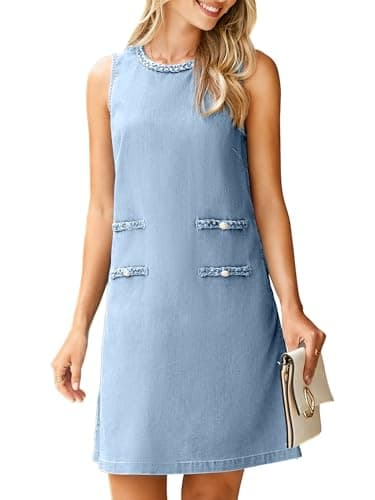Simplee Summer Dresses for Women 2026 Denim Western Vintage Dresses Shift Short Jean Dress Trendy Clothes with Pockets(Light Denim Blue M)