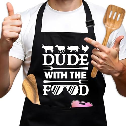 GOSJINNK Funny BBQ Cooking Aprons Gifts, Dude with The Food Black Chef Apron, Adjustable Kitchen Grilling Apron with Pockets, Father's Day Gifts for Dad Grandpa, Birthday Christmas Gifts for Husband